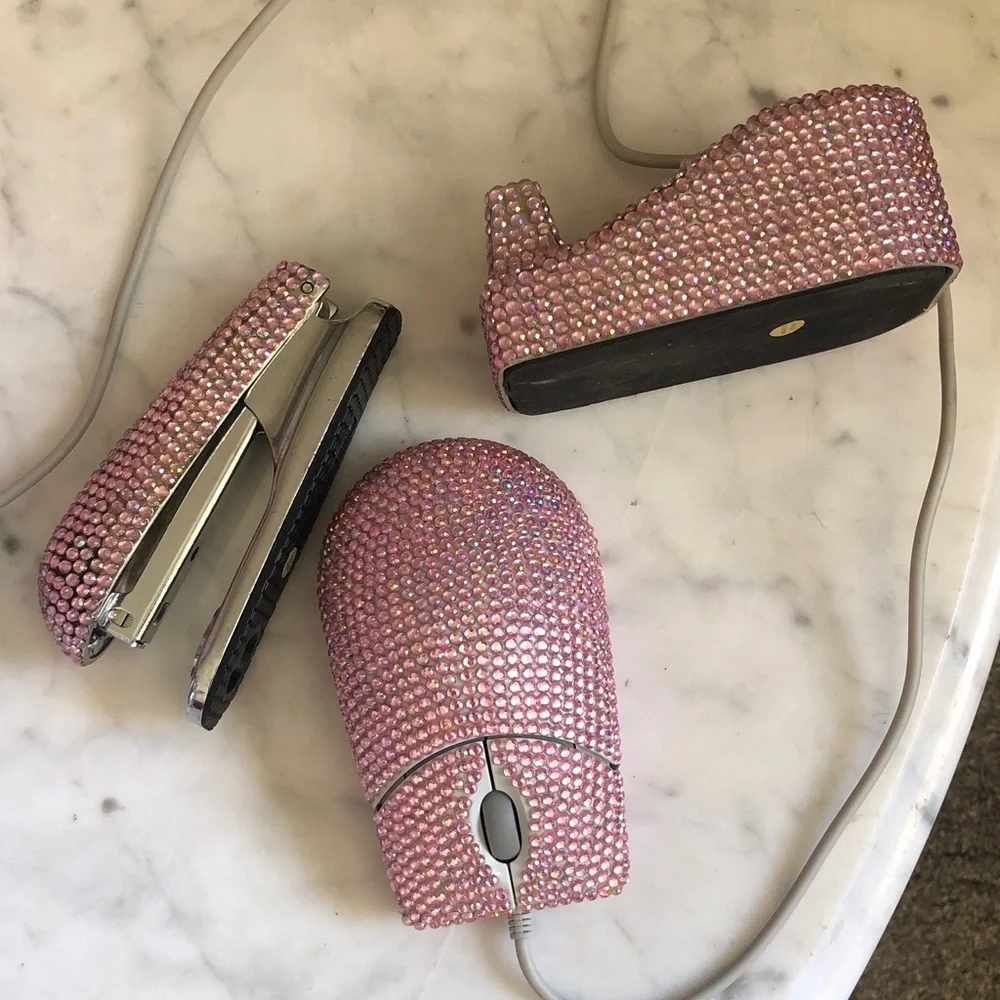 Pink Rhinestone Computer Mouse, tape & stapler 3pc set! Vintage!